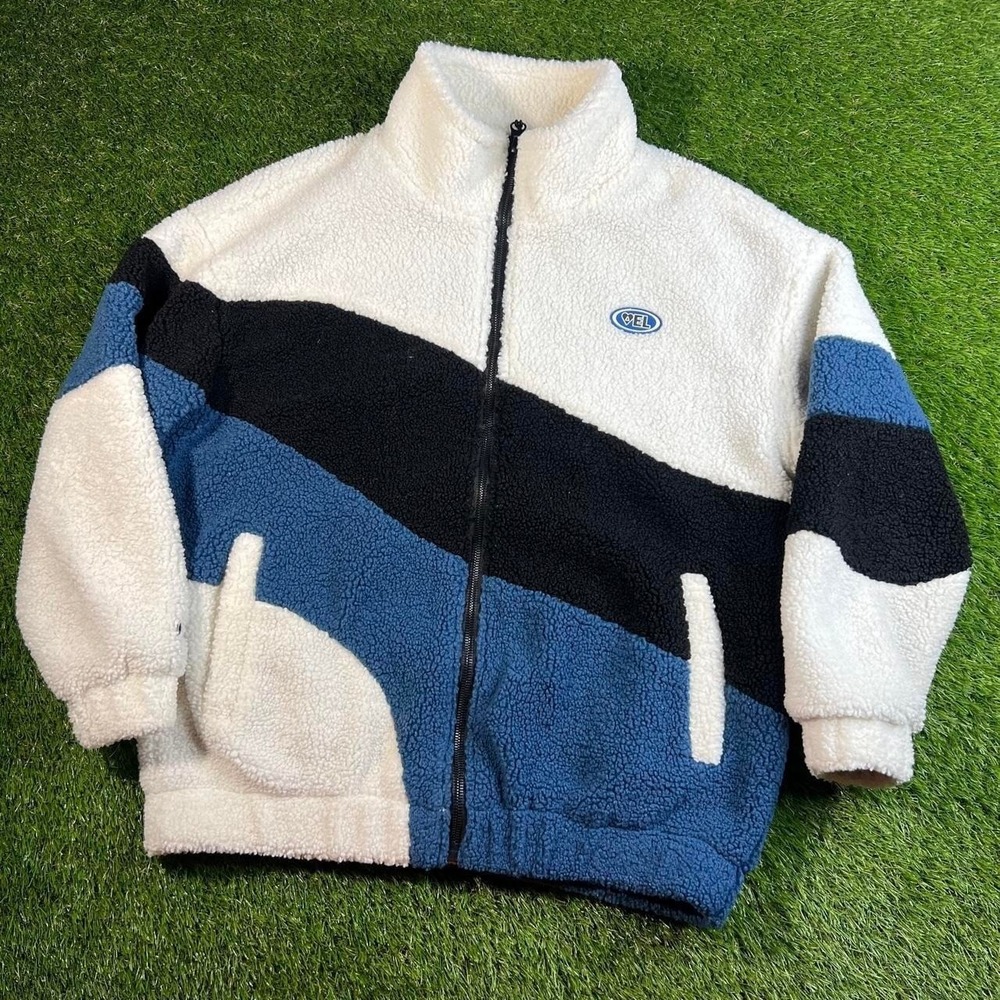 Aelfric Eden Colorblock Sherpa Fleece Jacket Blue Black Cream Men's M Y2K Sherpa